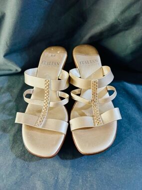 Italian Shoemakers Champagne Gold T-Strap Jewel Slide Sandals